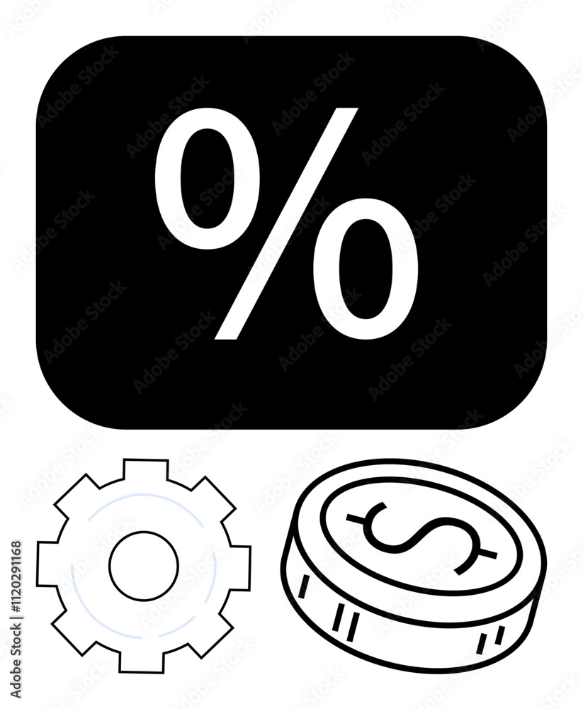 Percent symbol on black background, white coin with dollar sign, and cogwheel. Ideal for finance, investments, interest rates, calculations, analytics technology business. Line metaphor Percent symbol on black background, white coin with dollar sign, and cogwheel. Ideal for finance, investments, interest rates, calculations, analytics technology business. Line metaphor