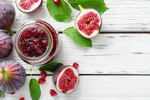 Fig jam jar, sweet ficus carica confiture, canned fig marmalade, figa jelly in glass jar, fruit spread closeup photo