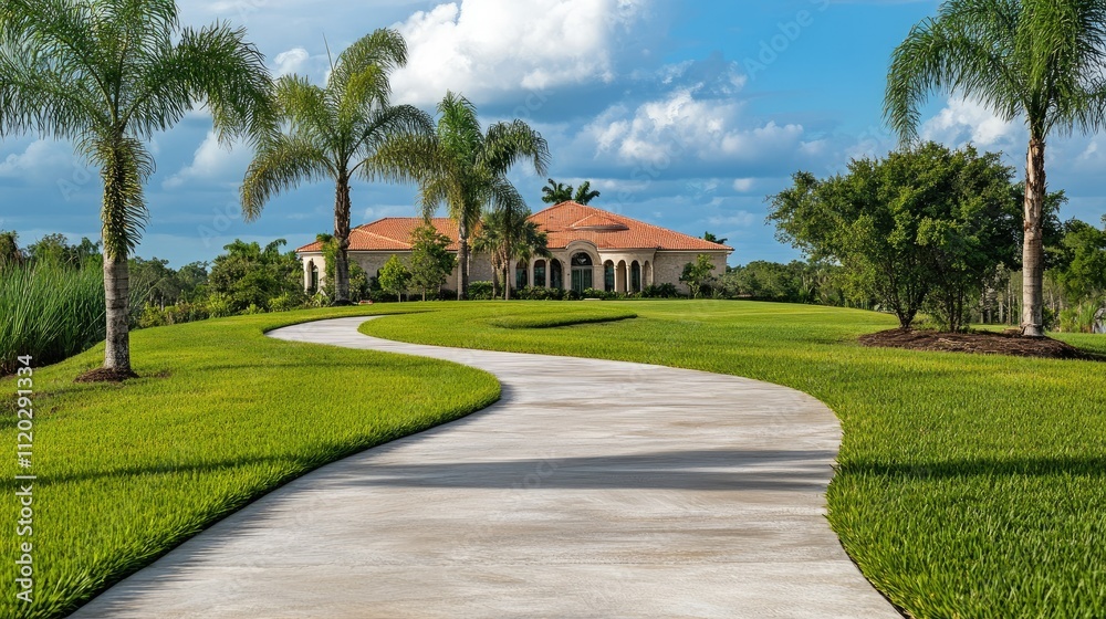 Fototapeta premium A winding path leads to a luxurious home surrounded by lush greenery and palm trees.