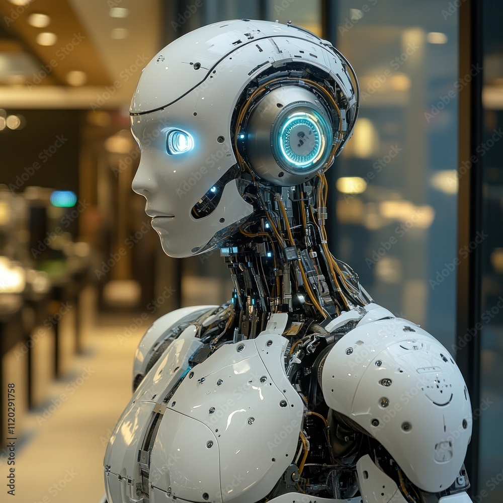 A futuristic humanoid robot with glowing eyes and intricate mechanical details. A futuristic humanoid robot with glowing eyes and intricate mechanical details.