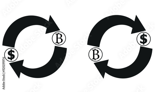  currency exchange. money conversion.Bitcoin to dollar icon concept isolated on white background. vector illustration. 