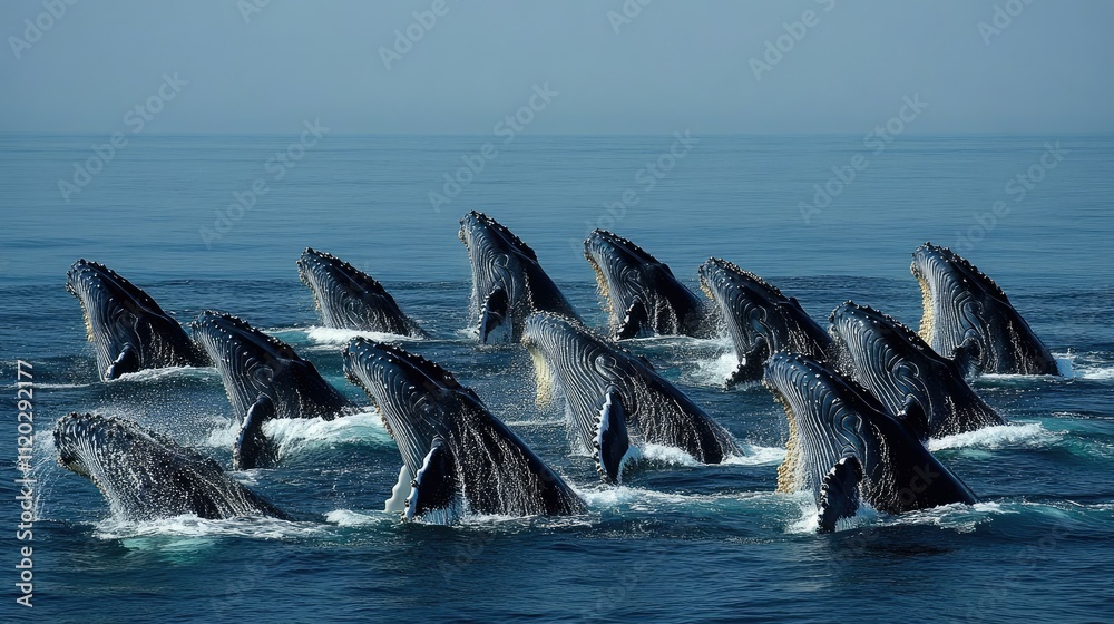 Fototapeta premium Group of humpback whales diving simultaneously, their tails aligned in a mesmerizing pattern in the open ocean.