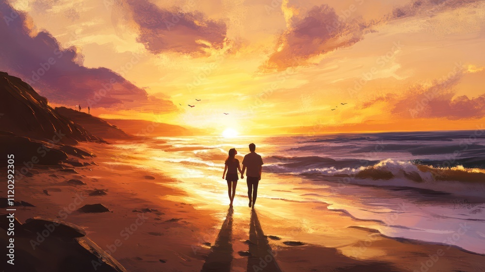 Romantic couple walking on the beach at sunset Romantic couple walking on the beach at sunset