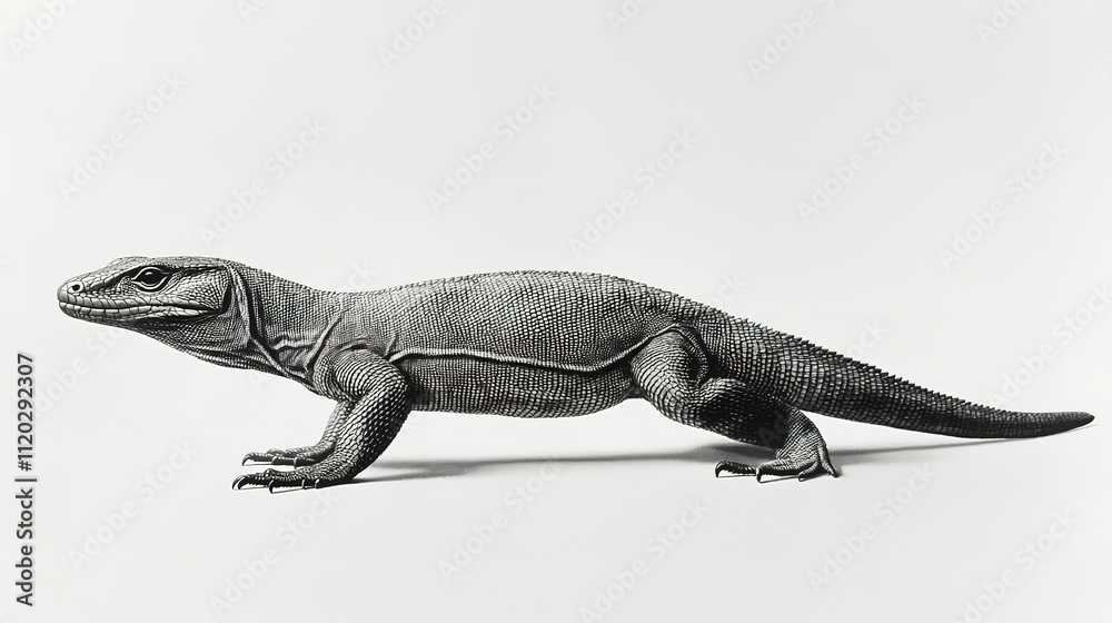 Fototapeta premium A realistic depiction of a lizard-like creature showcasing detailed scales and a long body, rendered in a monochrome style against a plain background.