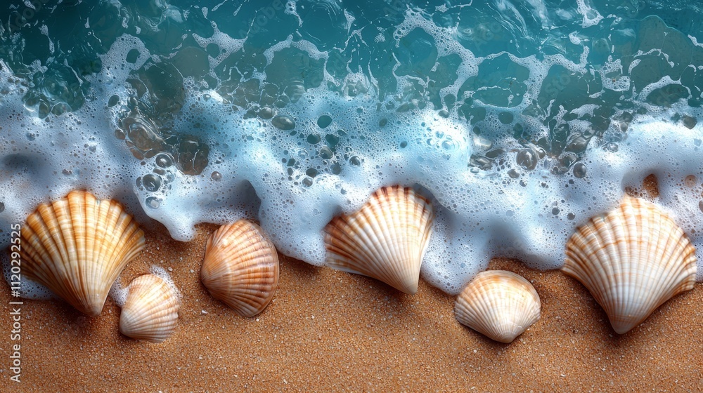 A group of seashells on a sandy beach next to the ocean A group of seashells on a sandy beach next to the ocean