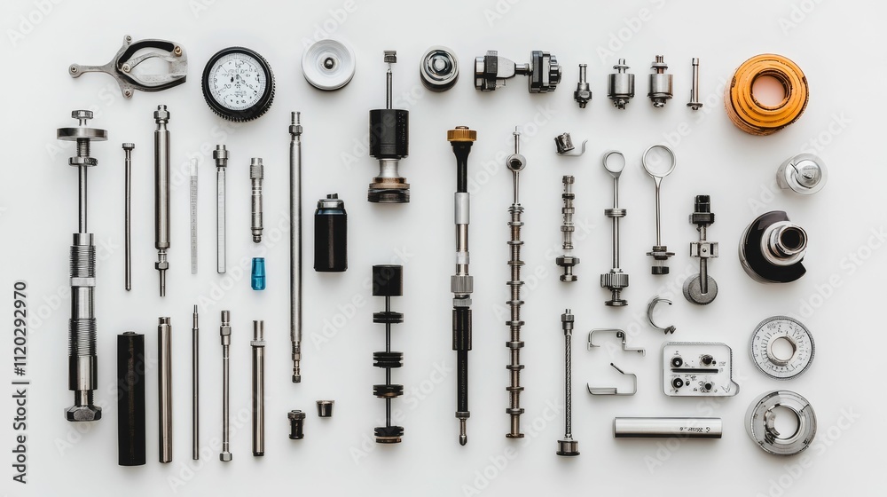 Precision metal parts arranged on white background.