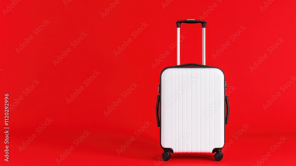 A white suitcase on a vibrant red background, ready for travel. A white suitcase on a vibrant red background, ready for travel.