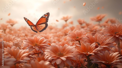 A butterfly flying over a field of orange flowers photo