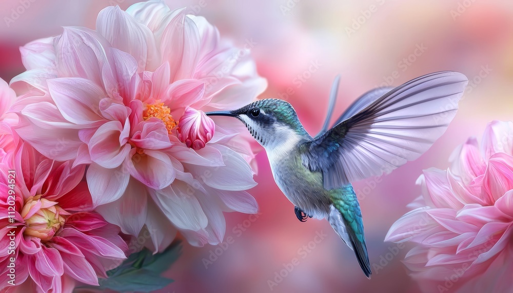 Naklejka premium A vibrant hummingbird hovers near blooming pink flowers, showcasing nature's beauty and delicate interaction between pollinators and flora.