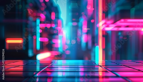 Cyberpunk-inspired glowing lights and reflections, vibrant neon abstract background