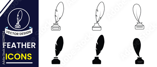 Feather pen and inkwell, illustration of a feather pen. Inkpot icon, Pen icon, vector set. Feather pen silhouette, symbol design. Pen line icon, education icon. Vector illustration.