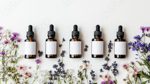 Vintage apothecary table with mockup tincture and infusion bottles, blank labels, surrounded by wildflowers and herbs, evoking natural wellness and herbal remedies.