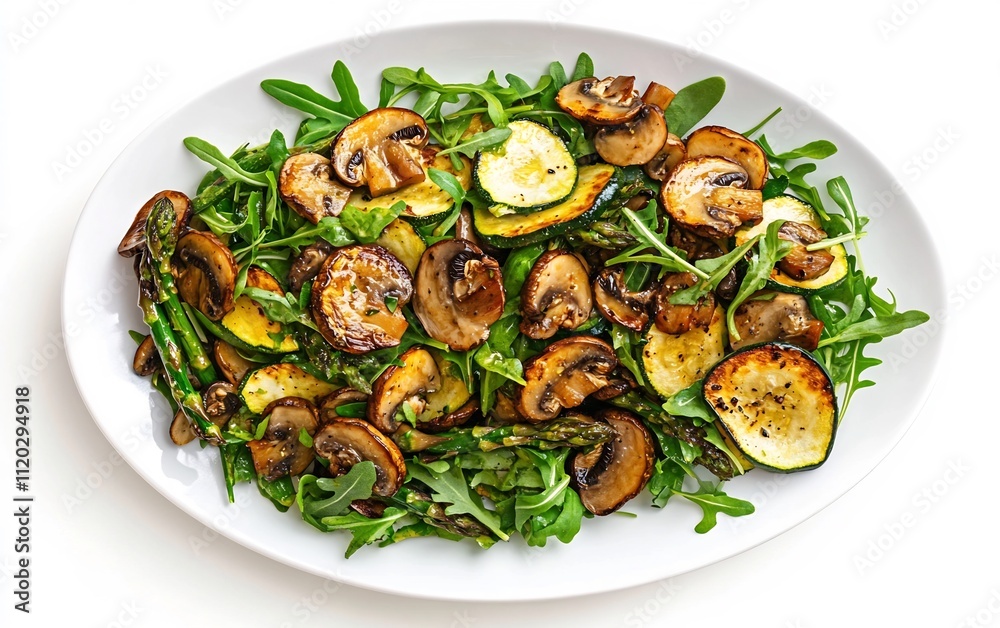 Warm Zucchini and Mushroom Salad on White Oval Plate with Asparagus and Arugula in Earthy Tones