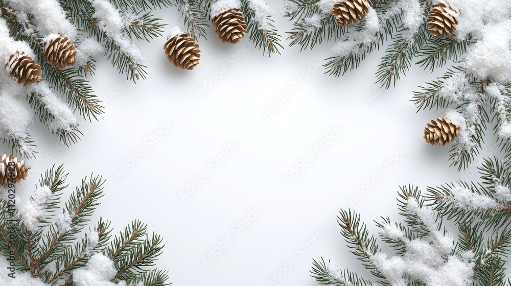 A border of pine cones covered in snow on a white background A border of pine cones covered in snow on a white background