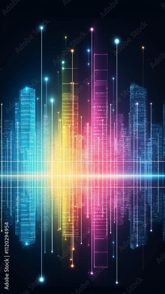 Neon city skyline with colorful light beams and mirror reflection. Urban architectural visualization with rainbow gradient effect and vertical illuminated lines Neon city skyline with colorful light beams and mirror reflection. Urban architectural visualization with rainbow gradient effect and vertical illuminated lines