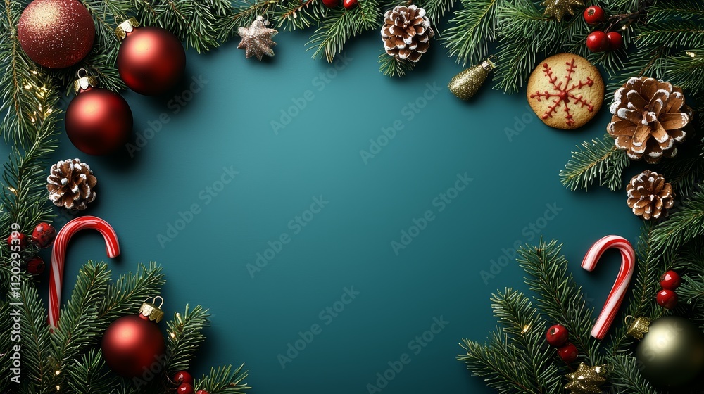 A christmas border with ornaments and candy canes on a blue background A christmas border with ornaments and candy canes on a blue background