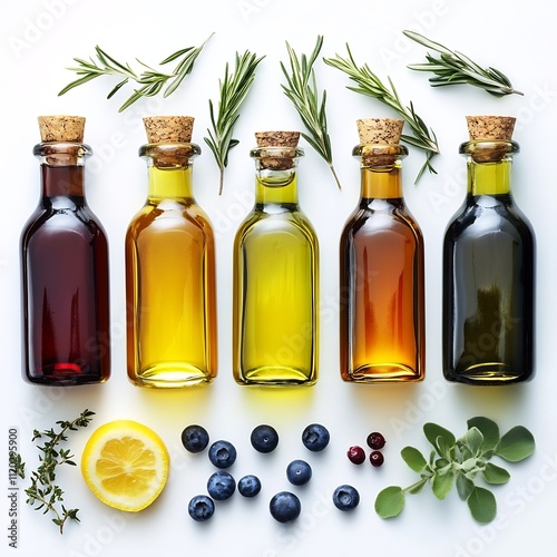 Assortment of Healthy Cooking Oils and Herbs on White Background