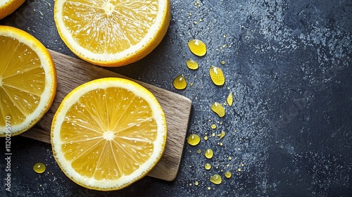 Close-up of fresh lemon slices with juice droplets on dark background photo