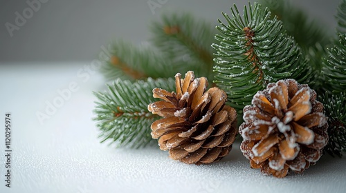 A couple of pine cones sitting on top of a snow covered table