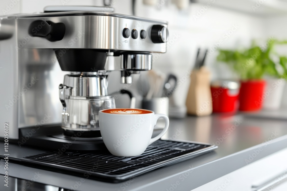 Freshly brewed coffee in a modern kitchen with an espresso machine and a beautifully crafted latte Freshly brewed coffee in a modern kitchen with an espresso machine and a beautifully crafted latte