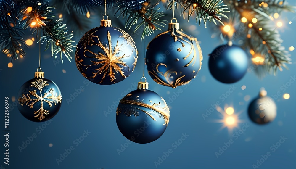 Close-up of blue baubles with golden patterns, glowing Christmas tree lights creating a cozy holiday atmosphere Close-up of blue baubles with golden patterns, glowing Christmas tree lights creating a cozy holiday atmosphere