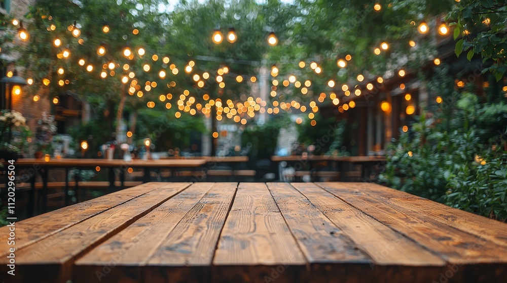 A wooden table sitting in the middle of a garden A wooden table sitting in the middle of a garden