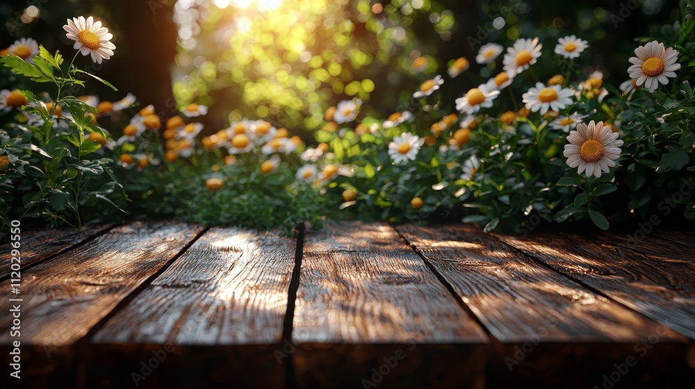 A wooden table surrounded by daisies in a field of flowers A wooden table surrounded by daisies in a field of flowers