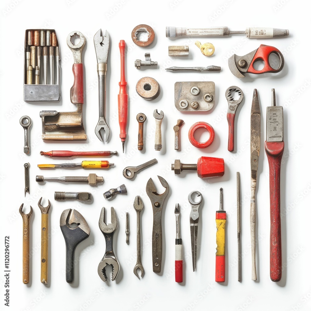 Assorted rusty tools arranged neatly. Assorted rusty tools arranged neatly.