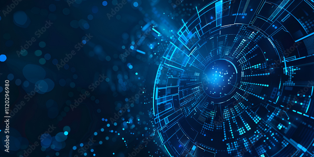 Fototapeta premium Futuristic Blue Digital Network Background with Abstract Circular Patterns and Glowing Technology Elements