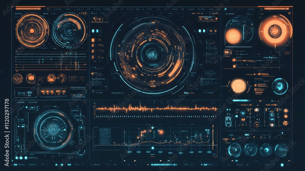 Fototapeta premium Futuristic control panel with data visualizations and interactive elements.