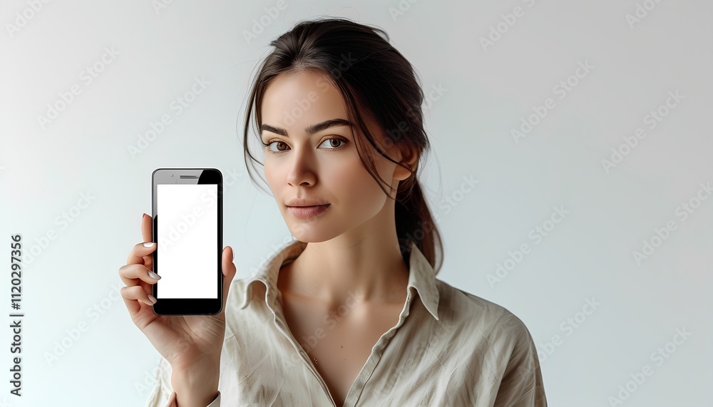 Young woman presenting a sleek black smartphone Young woman presenting a sleek black smartphone
