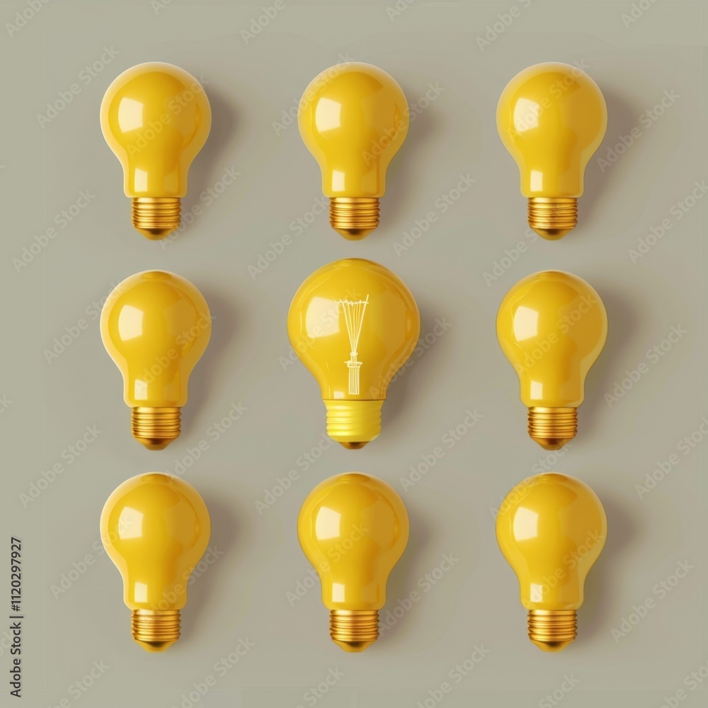 Yellow light bulbs, lamp icon set, lightbulbs isolated, render style minimal light bulbs, creativity idea Yellow light bulbs, lamp icon set, lightbulbs isolated, render style minimal light bulbs, creativity idea
