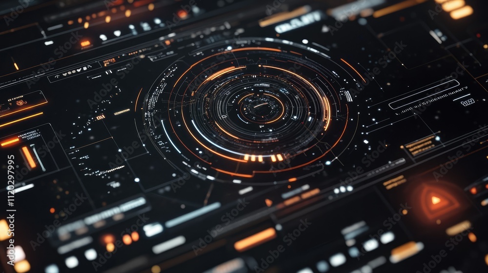 Futuristic digital interface with circular patterns and data visualizations. Futuristic digital interface with circular patterns and data visualizations.