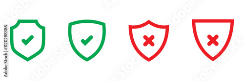 Security shield icons, security shields symbols with check mark and padlock. Safety shields icon set. Access approved and denied symbols. Vector illustration