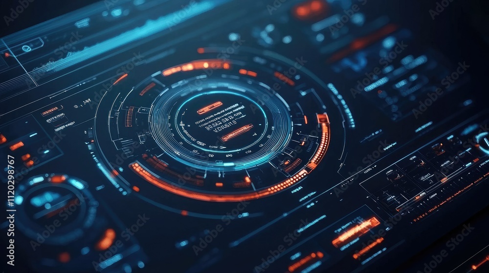 Futuristic interface displaying data analytics and controls in a digital environment. Futuristic interface displaying data analytics and controls in a digital environment.