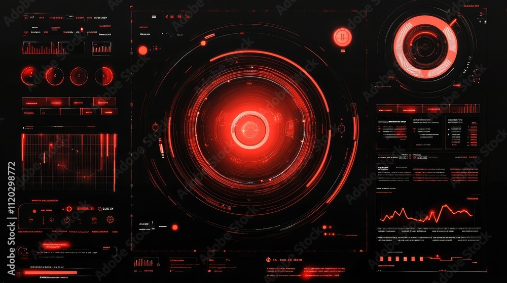 Fototapeta premium Futuristic digital interface with red accents and data visualizations.
