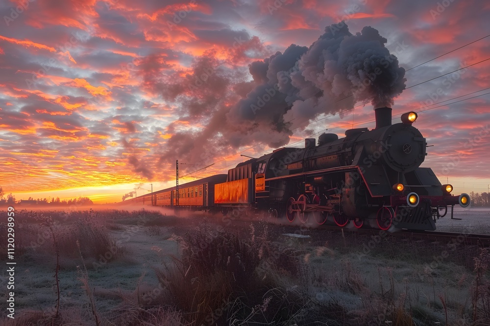Majestic Steam Train Chugging Through a Colorful Sunrise Majestic Steam Train Chugging Through a Colorful Sunrise