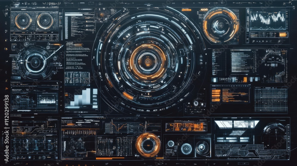 Futuristic interface displaying data analytics and visualizations in a digital dashboard format. Futuristic interface displaying data analytics and visualizations in a digital dashboard format.