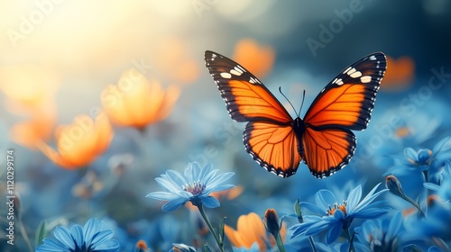 A butterfly flying over a field of blue flowers