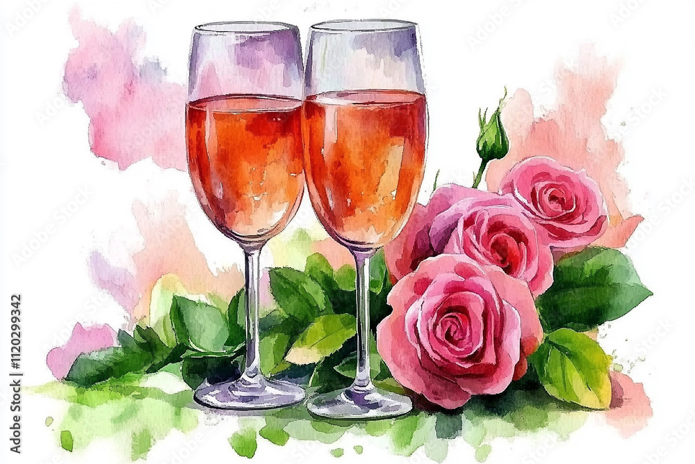 Romantic watercolor image of two glasses of sparkling wine and pink roses on a table, perfect for Valentine's Day cards. Copy space. Romantic watercolor image of two glasses of sparkling wine and pink roses on a table, perfect for Valentine's Day cards. Copy space.