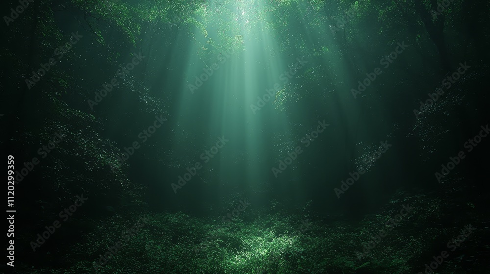 A dark forest with sunlight shining through the trees A dark forest with sunlight shining through the trees