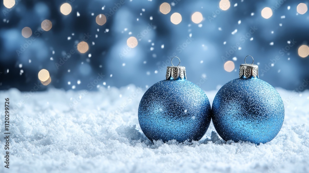 Two blue christmas ornaments sitting in the snow Two blue christmas ornaments sitting in the snow