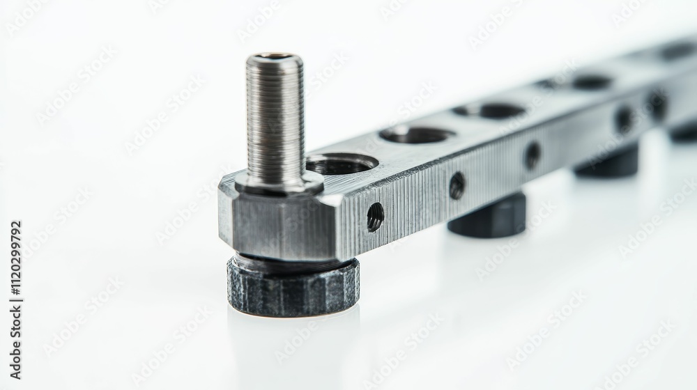 Metal bar with threaded fasteners and holes. Metal bar with threaded fasteners and holes.
