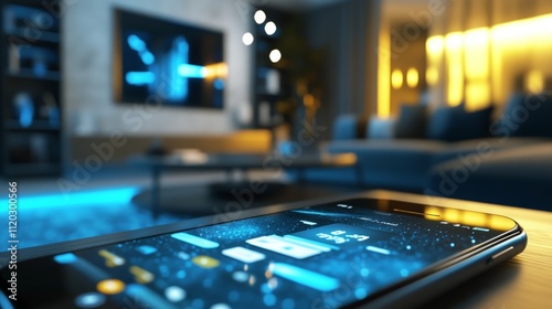Wallpaper Mural Close-up of a smartphone displaying a home system interface at night, symbolizing smart home technology, modern living, and convenience, lying flat in a cozy living room with ambient lighting. Torontodigital.ca