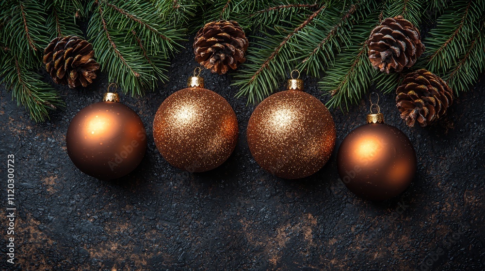 A group of brown christmas ornaments and pine cones on a dark background