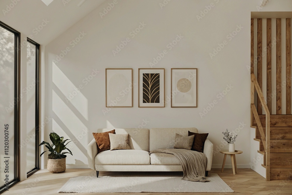 Fototapeta premium A light-filled room with a beige couch, framed art, and wooden stairs. Large windows are visible.
