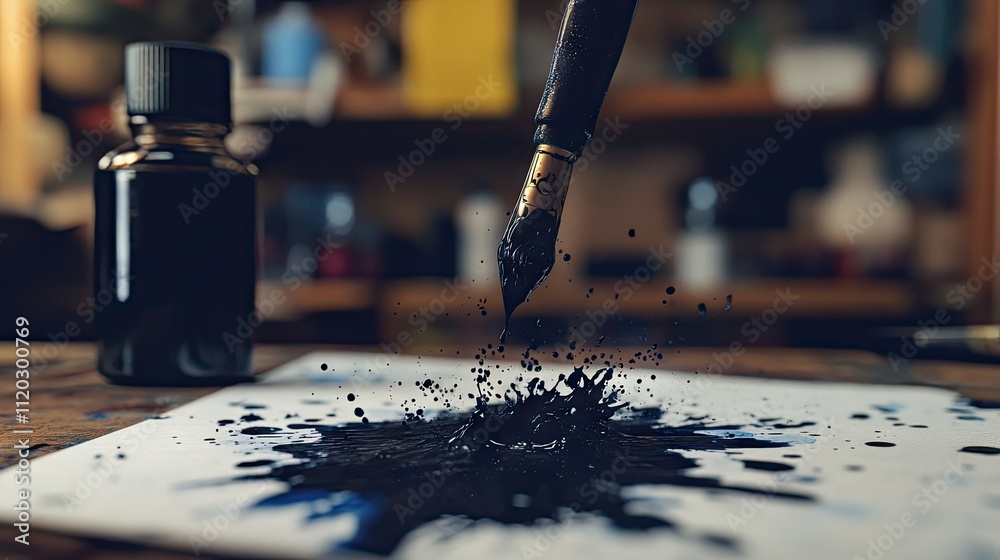 Fototapeta premium Ink splattering from a pen tip into chaotic blots near an ink bottle on a desk.