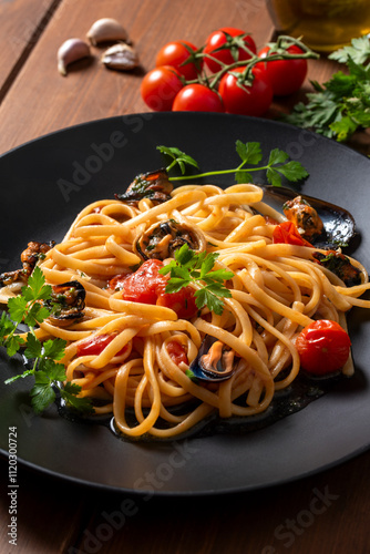 Fototapeta Naklejka Na Ścianę i Meble -  Linguine con cozze e pomodorini, pasta italiana 
