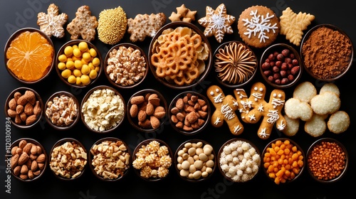 A variety of different types of cookies and nuts in bowls