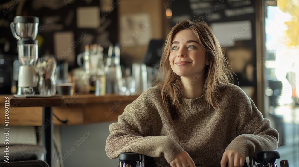 woman in wheelchair in coffee shop woman in wheelchair in coffee shop